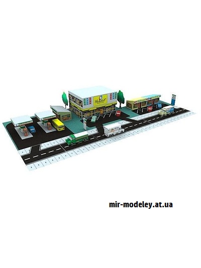 №16539 - HobiСity - Автозаправка, минимаркет и универмаг (Hobikitkertas) из бумаги — развертка (шаблон) papercraft скачать бесплатно | Мир бумажного моделирования